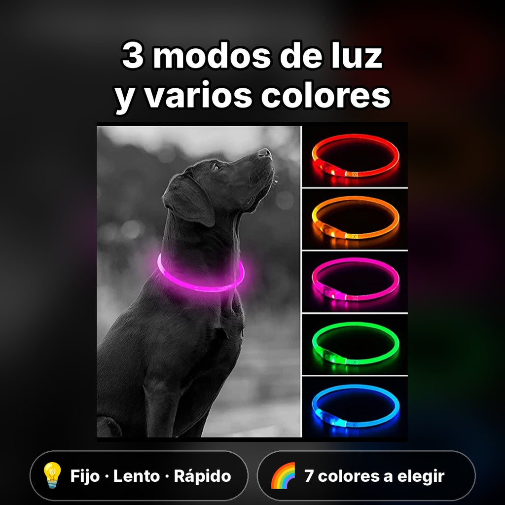 Infografía: collar LED con 3 modos de luz fija, lenta y rápida